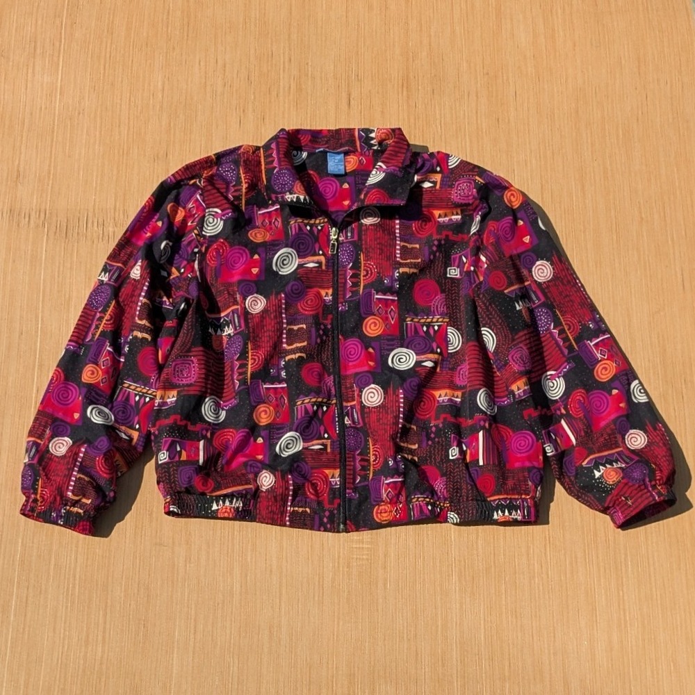 Vintage Koret Sport Jacket 90s Retro Abstract Art To Wear Colorful Zip Womens XL